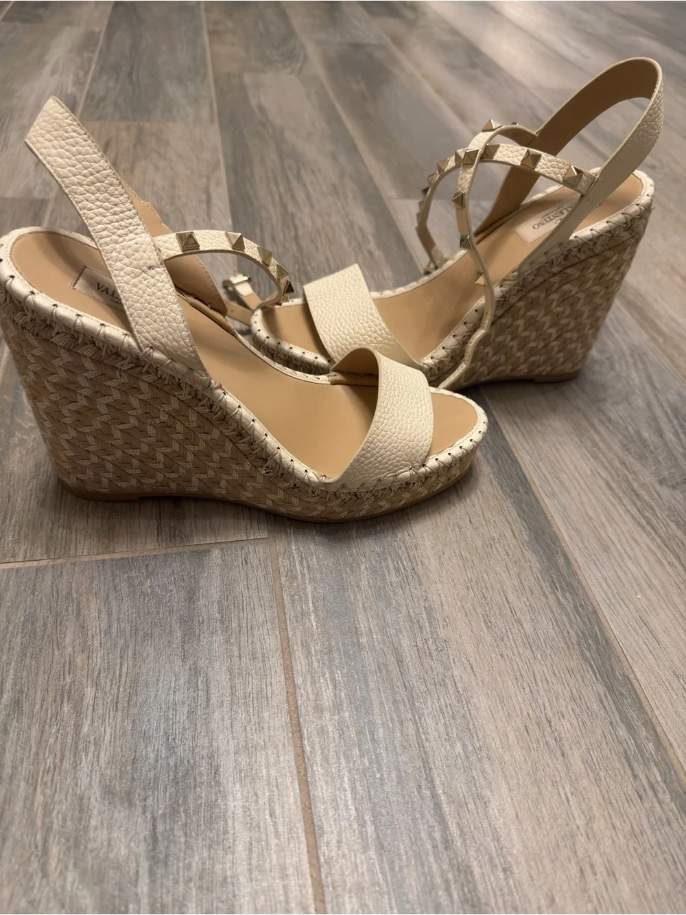 VALENTINO GARAVANI Rockstud 105 textured-leather espadrille wedge sandals